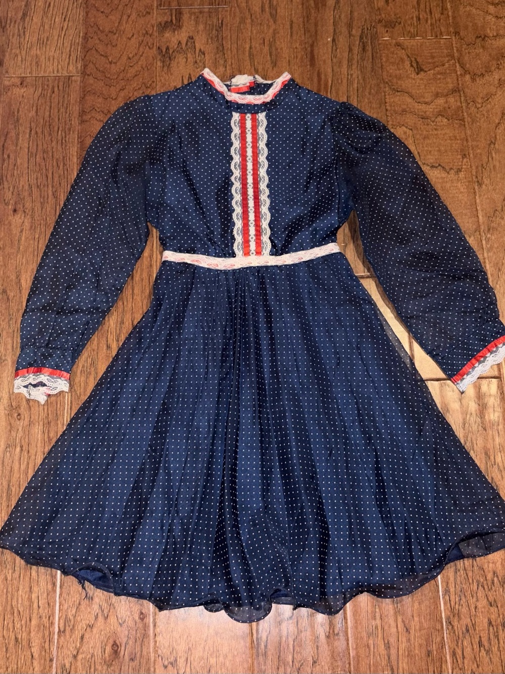 Vtg 70s Union Made Blue Dress Sheer Chiffon Lace Collar Pleated Party Polka Dots